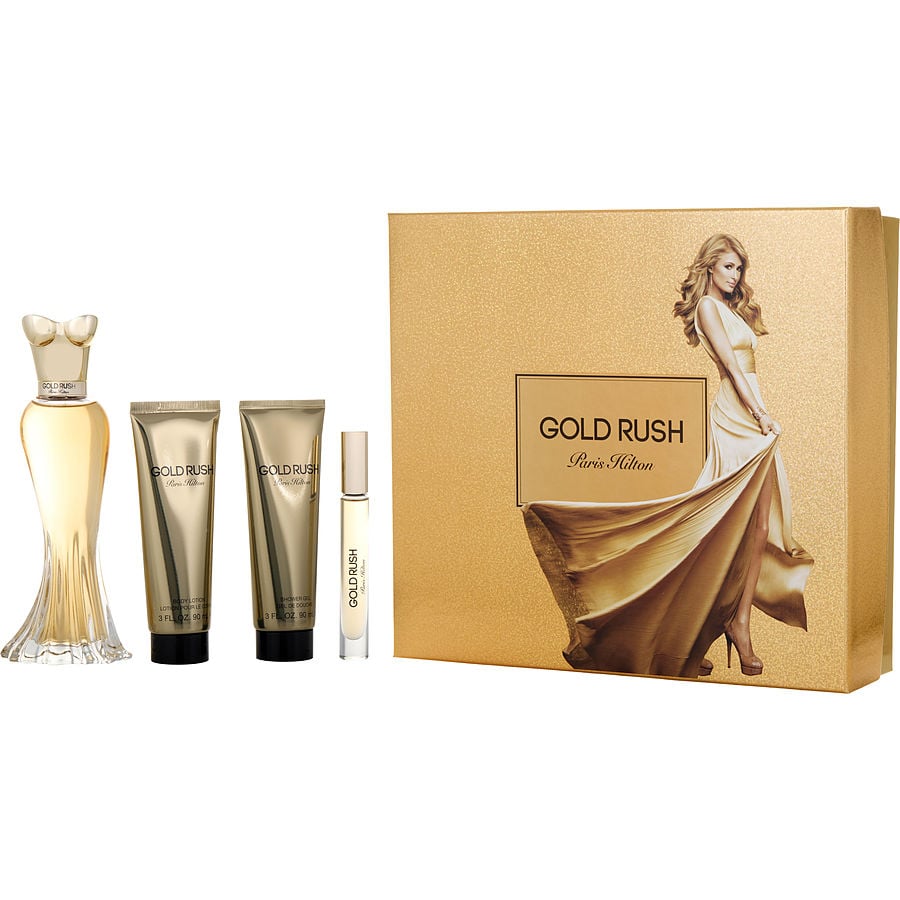Paris Hilton Gold Rush Set Women Eau De Parfum Spray & Body Lotion & Shower Gel & Eau De Parfum Rollerball Mini